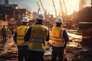 group of civil engineers, dressed in safety vests and helmets, stands on a road construction site