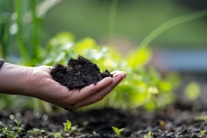 female farmer hold soil in hands monitoring fill dirt soil health on a farm