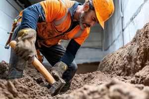 man digging basement in a newly constructed building