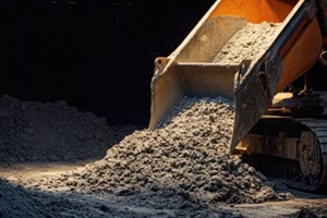 bulldozer fills a large pile with sand, construction or excavation site