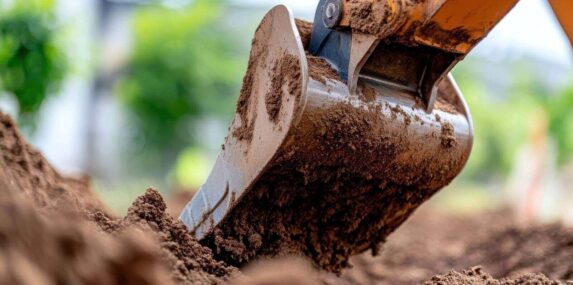 close-up view of an excavator's moving fill dirt