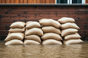 stack of sandbags protecting a wooden building wall from floodwaters