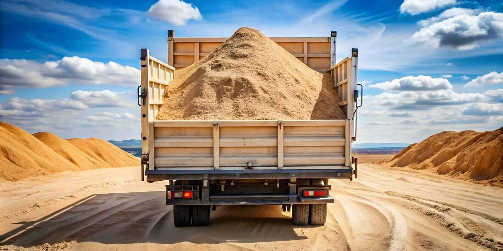 truck with a pile of construction sand , transportation, delivery, construction, material, vehicle, industrial, cargo, gravel