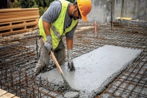 Worker Pouring Concrete at Construction Site
