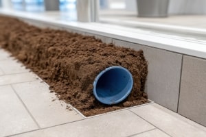 Blue Pipe Covered with Dirt Placed Along Tiled Floor and Wall