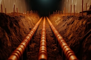 Orange Heating Pipes Laid Surrounded by Dirt for Settlement