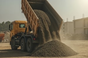 Yellow Dump Truck Unloading Dirt at Construction Site