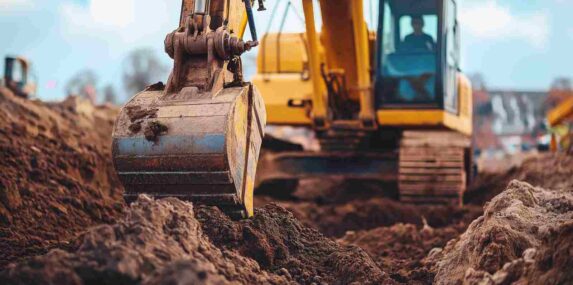 Yellow Excavator Digging into Fill Dirt at Punta Gorda, FL Construction Site