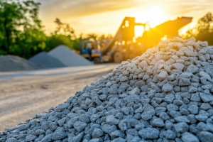 Aggregate Piles at Construction Site with Heavy Machinery