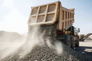 Dump Truck Unloading Aggregates at Construction Site
