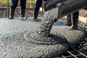 Pouring Concrete Mixture on Rebar Grid