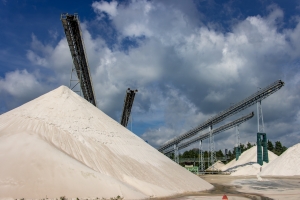 Big Piles of White Prestige Sand at A Depot with Conveyor Belts at SouthWestern Florida Quarry 