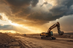 Excavator at Construction Site for Earthmoving and Grading