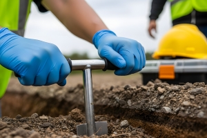 Worker at Construction Site Taking Soil Sample for Testing