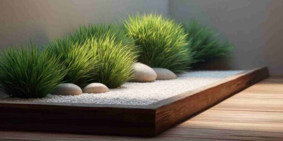 Lush Green Grass with Smooth Stones and Soft White Sand