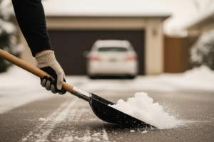 Person Clearing Snow from Driveway in Winter