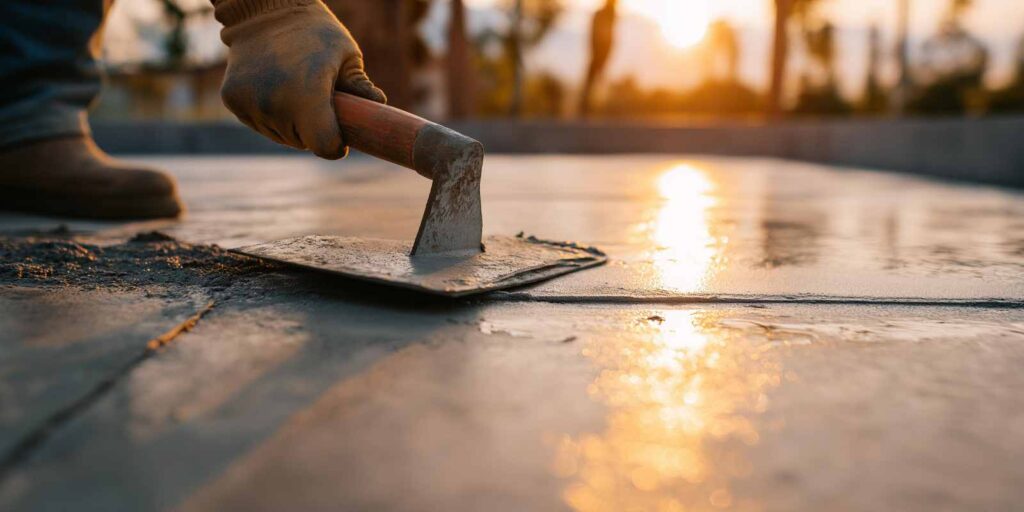 Worker Using Trowel Finishing Crushed Concrete Driveway During Repair