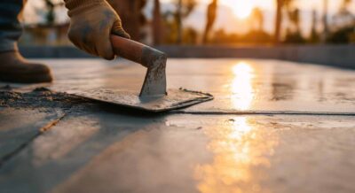 Worker Using Trowel Finishing Crushed Concrete Driveway During Repair