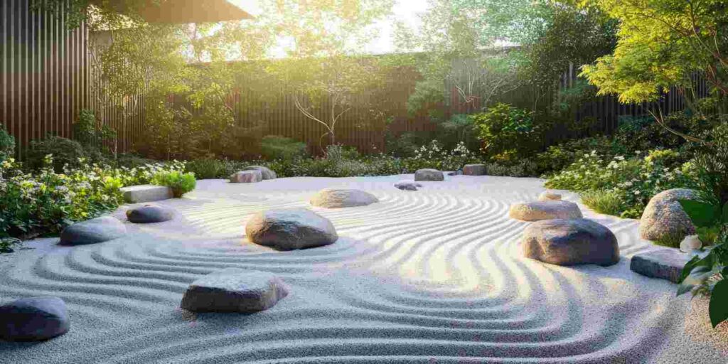 A Backyard Beach Landscape with White Sand Patterns