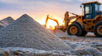 Large Mound of Sand Aggregate with Heavy Machinery on Construction Site