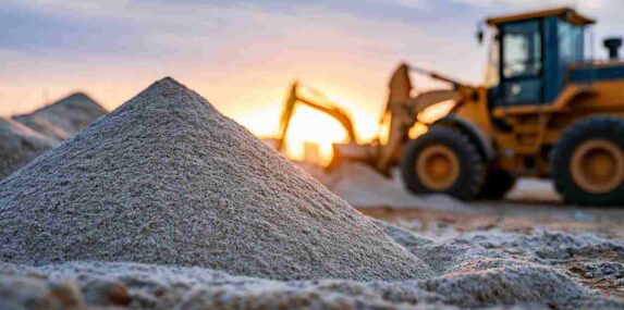 Large Mound of Sand Aggregate with Heavy Machinery on Construction Site