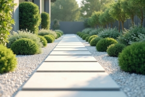 Modern Garden Landscaping Walk Path Made of White Sand and Gravel