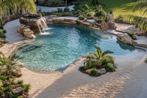 Tropical Pool in Backyard Beach Landscape with White Sand