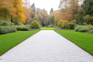 Well-Maintained White Garden Path Bordered by Manicured Lawns