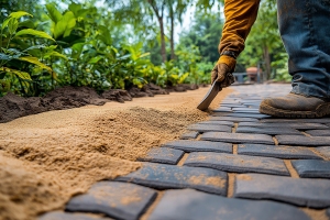 Worker Spreading Sand Layer Before Laying Paving Slabs