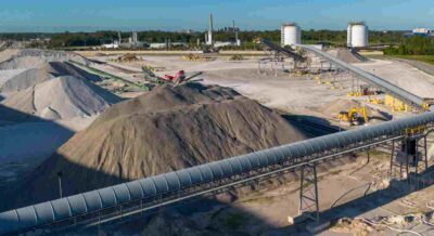 Aerial View of Sand Dunes and Conveyer Belts at Concrete Factory