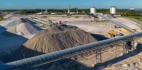Aerial View of Sand Dunes and Conveyer Belts at Concrete Factory