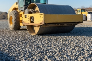 Road Roller Compacting a Fresh Layer of Grey Crushed Stone on Commercial Driveway