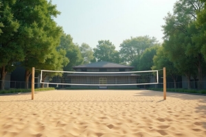 Volleyball Court with Sand Surface Outside a Commercial Building