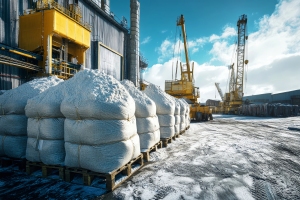 White Sand Bags Stacked on Pallets Beside an Industrial Building