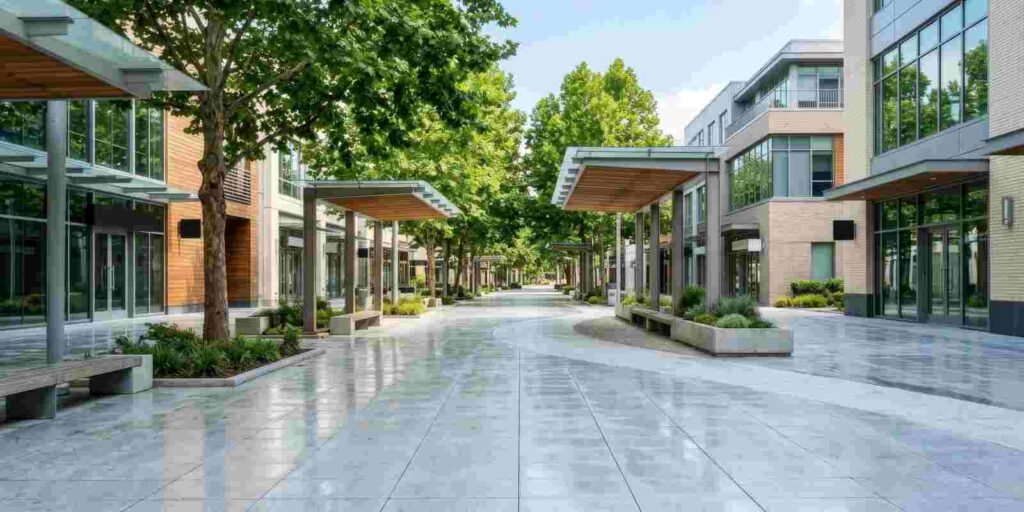 White Pedestrian Walkway for Urban Heat Mitigation with Office Buildings
