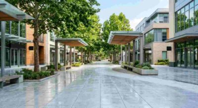 White Pedestrian Walkway for Urban Heat Mitigation with Office Buildings