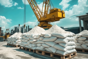 Large Yellow Crane Elevates Bags of White Sand at an Industrial Plant